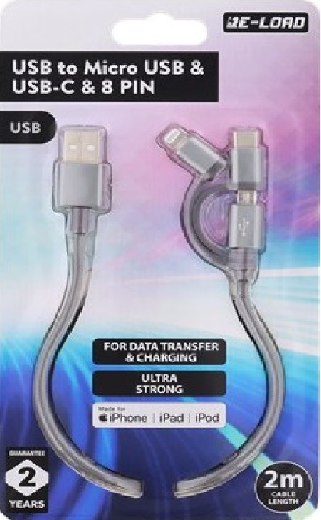 Re-Load Câble USB To Micro USB & USB-C & 8 PIN Pour Transfert De Données Et Chargeur 2m Très Solide