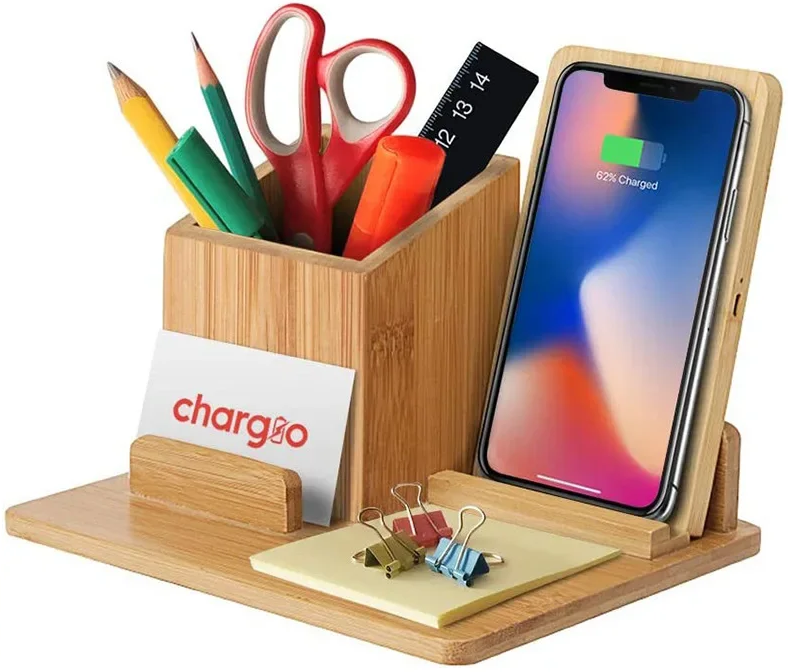 Boîte de rangement de bureau en bambou, porte-stylo de bureau avec chargeur à induction sans fil, support de charge, boîte de rangement pour la maison