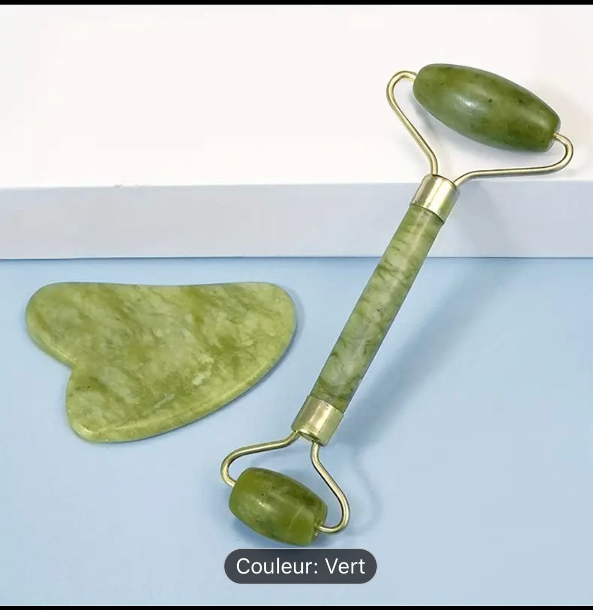GUA SHA & ROULEAU DE JADE VERT, outils de massage du visage, favorisant la pénétration des produits 