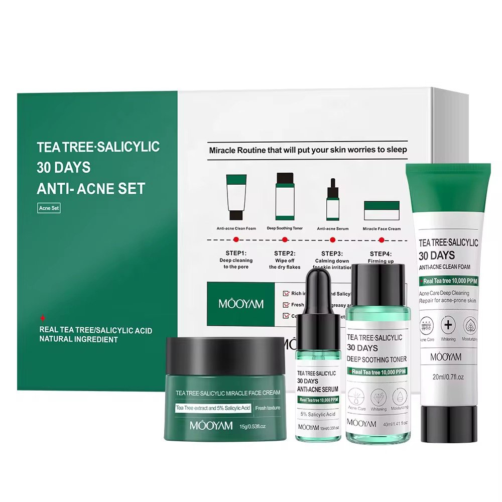 MOOYAM TEA TREE SALICYLIC 30 DAYS, Ensemble de quatre produits, soins du visage contre l'acné à base d'acide salicylique