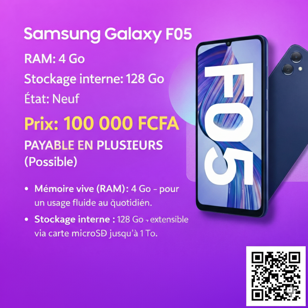 Samsung Galaxy F05 RAM:4 Go,Stockage interne : 128 Go État : Neuf