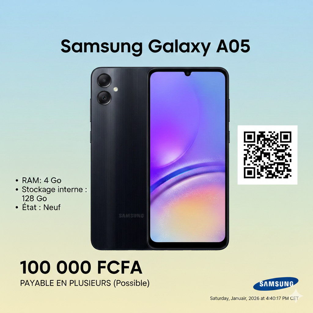 Samsung Galaxy A05 RAM:4 Go,Stockage interne : 128 Go État : Neuf